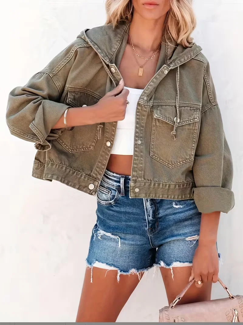 Women's Autumn/Winter Denim Hooded Jacket - Elegant Neckline, Long Sleeves, Single-Button Closure Jacket