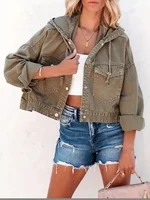 Women's Autumn/Winter Denim Hooded Jacket - Elegant Neckline, Long Sleeves, Single-Button Closure Jacket