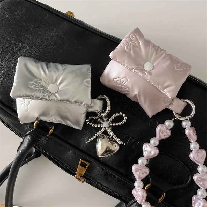 Korean Cute Bow Soft Puffer Down Earphone Bag with Chain