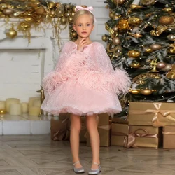 Luxury Cloak Flower Girl Dress with Feathers O-Neck Puffy Shiny Baby Birthday Party Pageant Gown High Quality Custom for Wedding