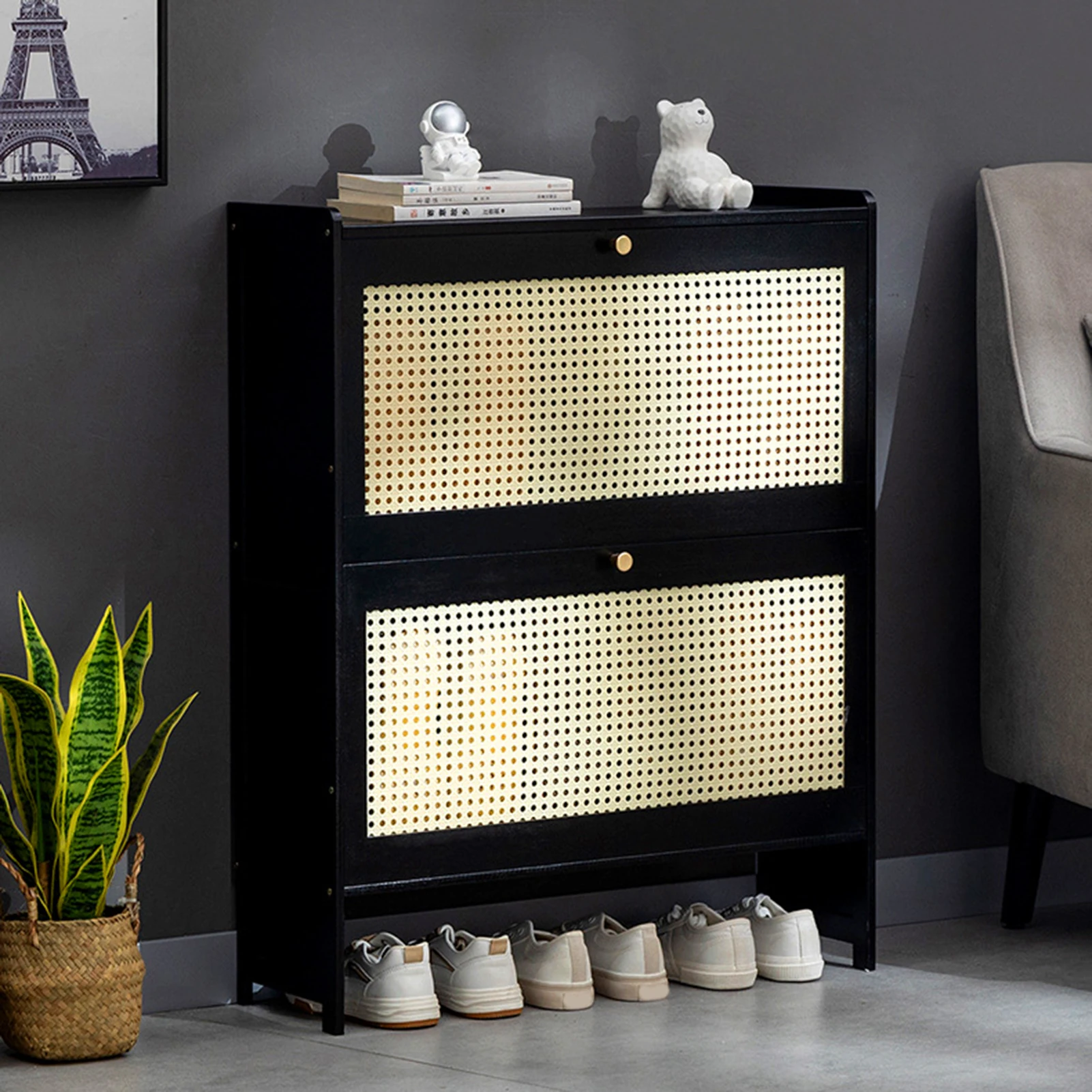 Shoe Cabinet with 2 Natural Rattan Doors Large Capacity Shoe Storage Rack Living Room Entryway Heels Shoes Slippers Organizer 2