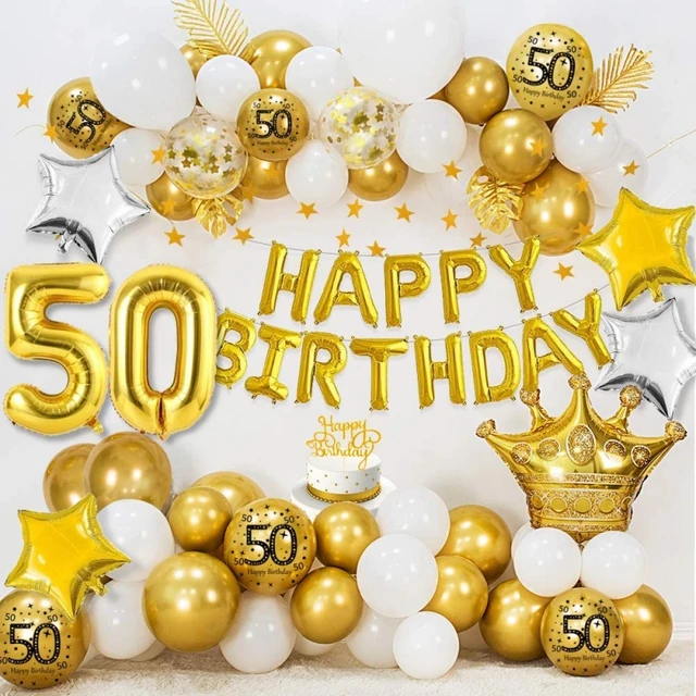 Globos de cumpleaños de 50 años, decoraciones de cumpleaños 50 para mujeres  con impresión de cumpleaños dorados, globos metálicos de látex de 40