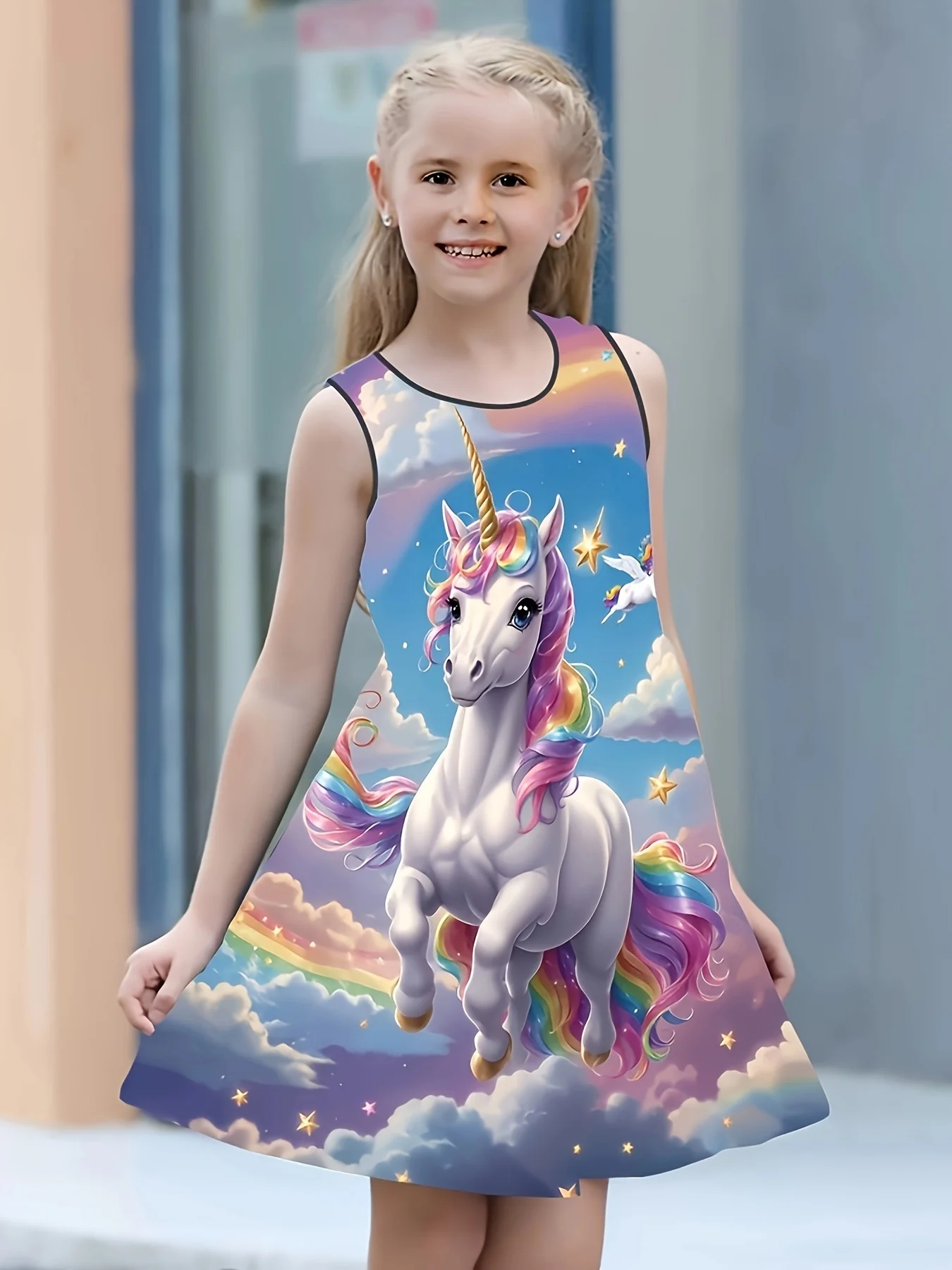 Girls White Unicorn Printed Fit Flare Net Dress