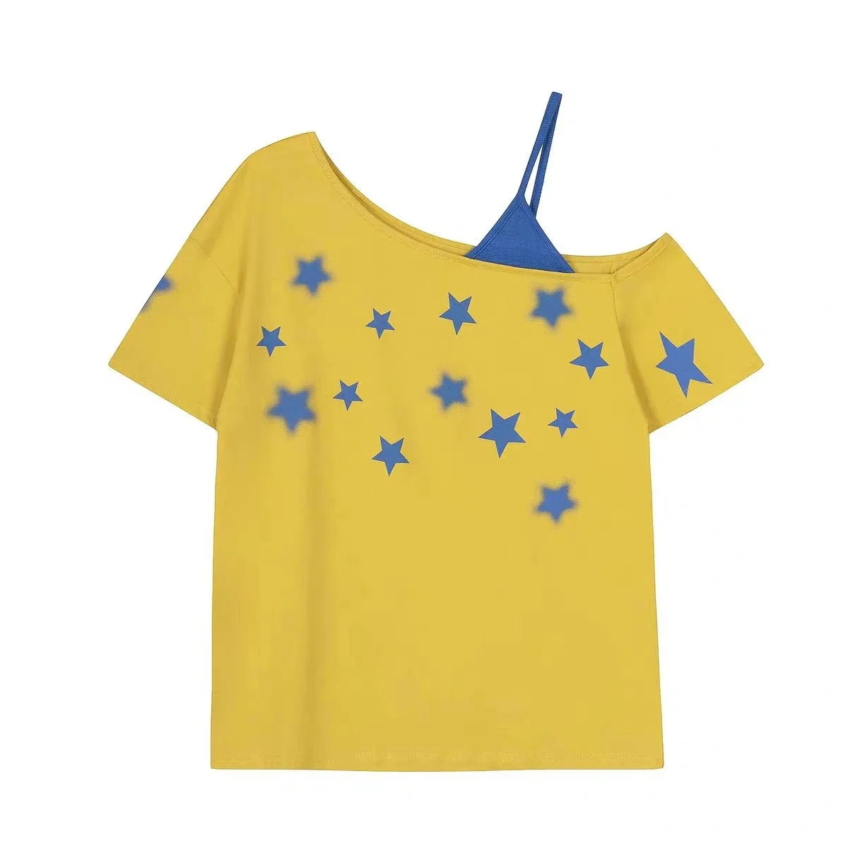Fashion Yellow Patchwork Women's T-shirt Short Sleeve Summer Tops American Retro Skew Collar Graphic Tee 2000s Clothes Y2k 5