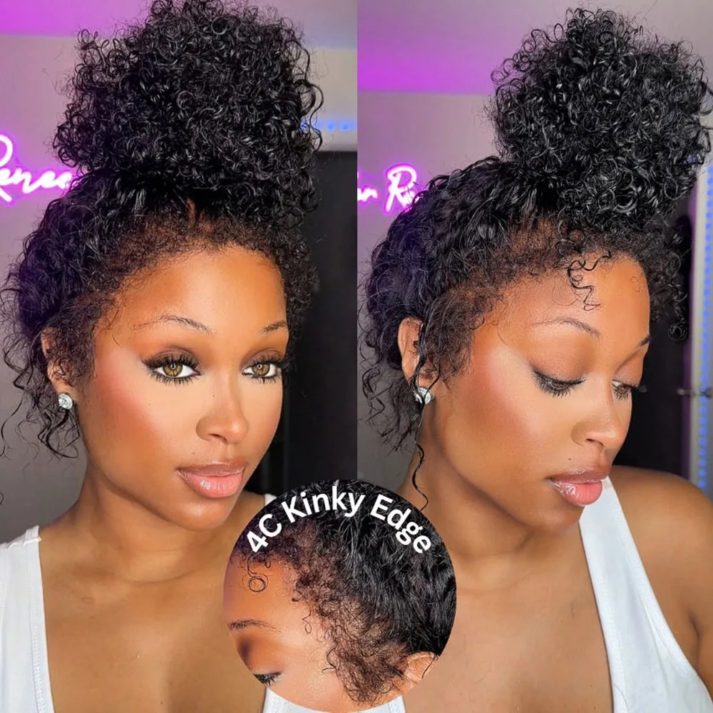4C kinky Edges Deep Wave Frontal Wig Invisible Drawstring 360 Full HD Lace Front Wigs Water Water Glueless Wigs Human Hair 3