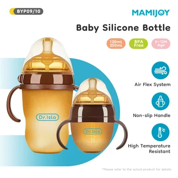 MAMIJOY 150ml/250ml Baby Silicone Bottle With Handle Nano Silver Antibacterial Baby Weaning Anti-Choking Nipple Bottle BPA Free