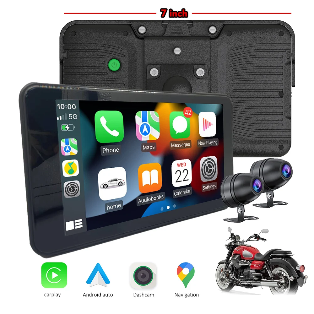 

KARADAR 7 Inch Newest Touch Screen Motorcycle Navigation IPX7 Waterproof Apple Carplay Android Auto with 1080P Dual Lens Dashcam