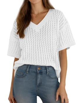 Fashion Tops Unique Design V-Neck Knitted Commuter Short-Sleeved T-Shirt Casual All-Match tops, Women's Clothing 1