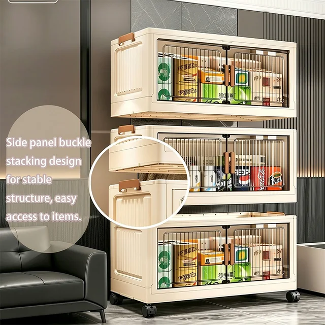 19.7in 3/4/5/6-Tier Foldable Storage Cabinet with Wheels, Stackable Plastic Storage Organizer with Magnetic Doors, Collapsible Storage Shelf for Bedroom, Living Room, Kitchen, Pantry, No Assembly Required, Beige