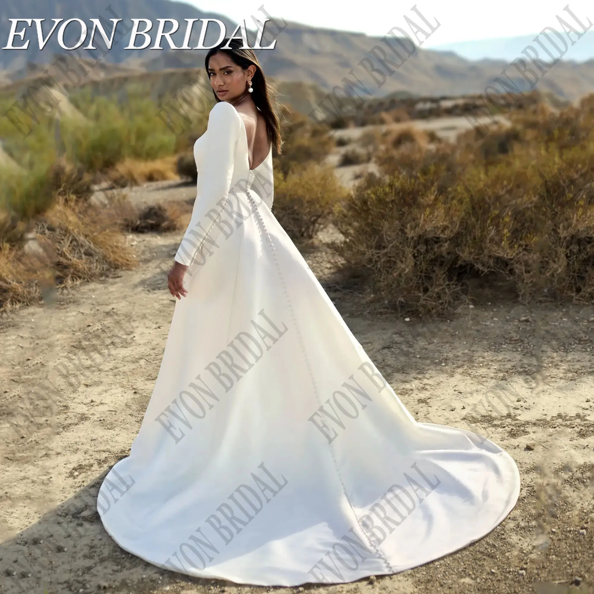 Plus size wedding dress open back satin bridal gown long sleeve sweep train