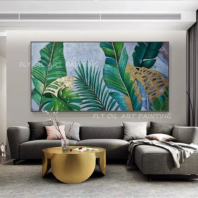 

100% Hand Painted Big Size Modern Abstract green and gold foil leaf landscape oil painting for home decoration as a gift unframe