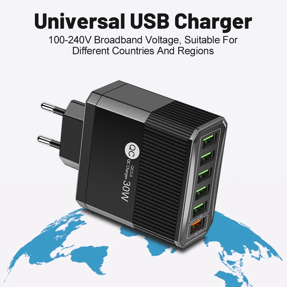30W 6 USB EU US KR UK Plug Charger Phone Adapter for iPhone 15 Pro Max Xiaomi Samsung Tablet Portable Wall Mobile Charger