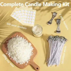 Natural Soy Candle Making Kit: 200g Wax Flakes, 50 Cotton Wicks, Wick Stickers & Centering Tools (Set)