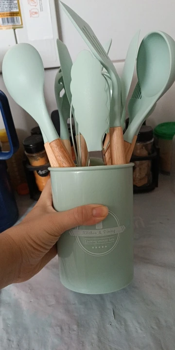 Silicone Colher Kit para Cozinha, BPA Antiferrugem, Madeira Conjunto de Utensílios De Cozinha, Jogo, 12 Peças photo review