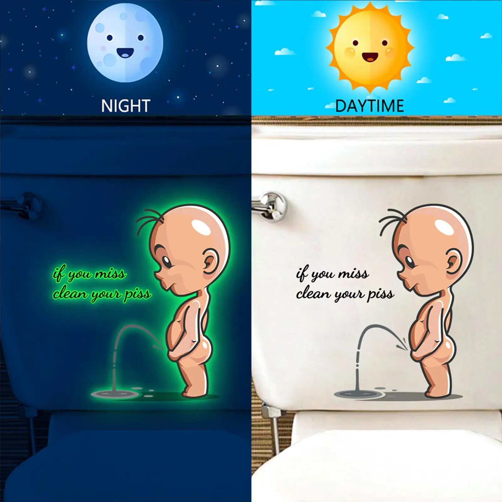 Toilet Sticker Wall Decor PVC Luminous Glow in The Dark Decorative Peeing Boy Sticker Wall Cistern Restroom Bathroom
