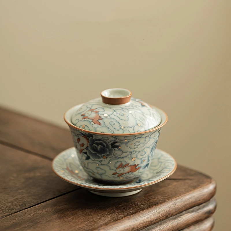 100ml Ru Yao Small Gaiwan Set For Tea Ceramic Opening Chinese Tureen Cloud Tea Bowl Kung Fu Rabbit Chawan Cups Lily Deng