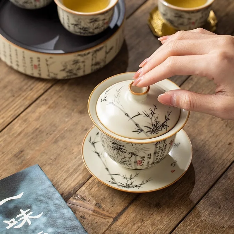 Bamboo Ru Yao Porcelain Gaiwan Set For Tea Tureen Teaware Cup Chinese Yellow Ceramic Opening Tea Bowls Chawan Ceramony Lily
