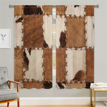 2Pcs Vintage Patchwork Leather Curtains Western Cowboy Style Living Room Bedroom Window Decorative Curtains Country Style 1