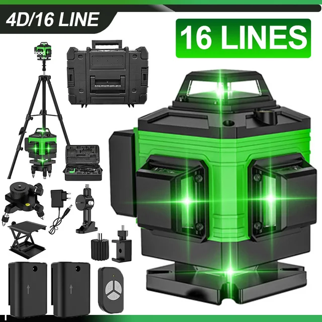 Niveau laser 4D à 16 lignes, ligne verte, auto-nivelant, 360° horizontal et vertical, niveau laser puissant, outils de construction professionnels 1