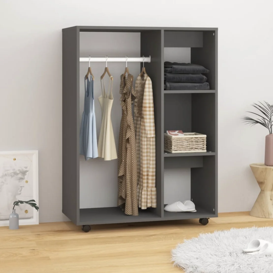 Mueble Armario Ropero estilo mueble perchero para ropa portátil con ruedas ofrece mucho espacio de almacenamiento con estantes laterales 3 niveles, mueble mueble de dormitorio| | - AliExpress
