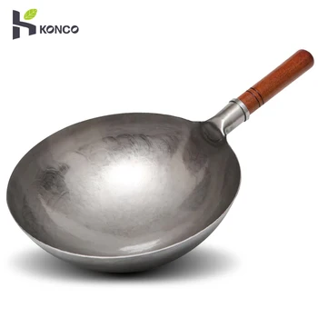 Konco Hand Hammered Wok,Chinese Traditional Iron Wok No Coating Wooden Handle Non-stick Pan Kitchen Cookware
