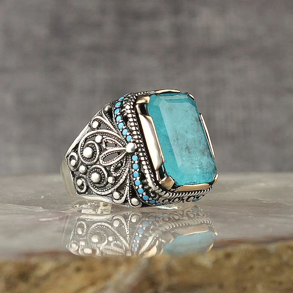 

925 Sterling Silver Ring Gothic Style Original Yellow With Paraiba Stone For Men's Handmade Turkish Jewelry
