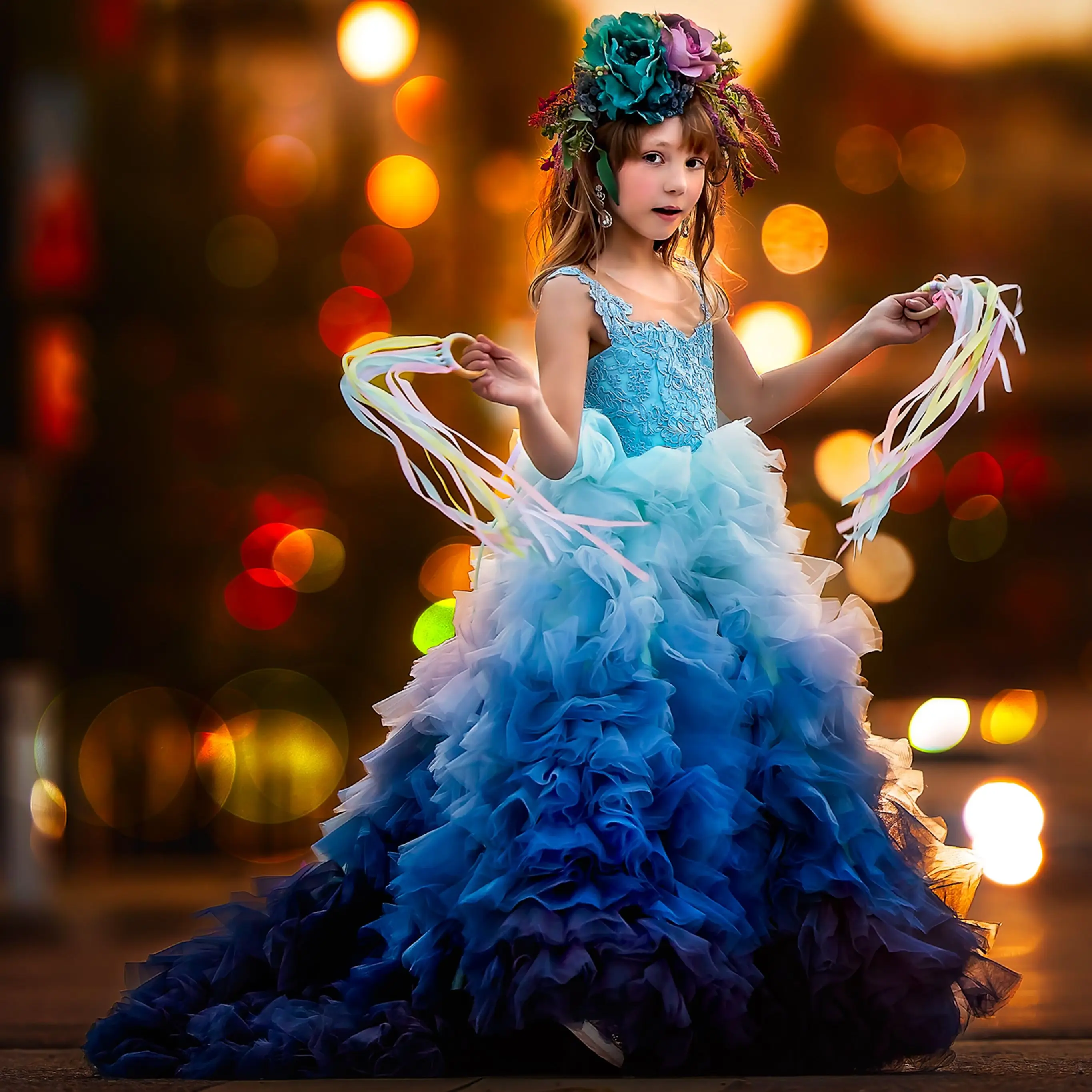 

Ombre Blue Flower Girl Dresses For Photoshoot Lace Litter Kids Pageant Gown Birthday Party Wedding First Communion Dress