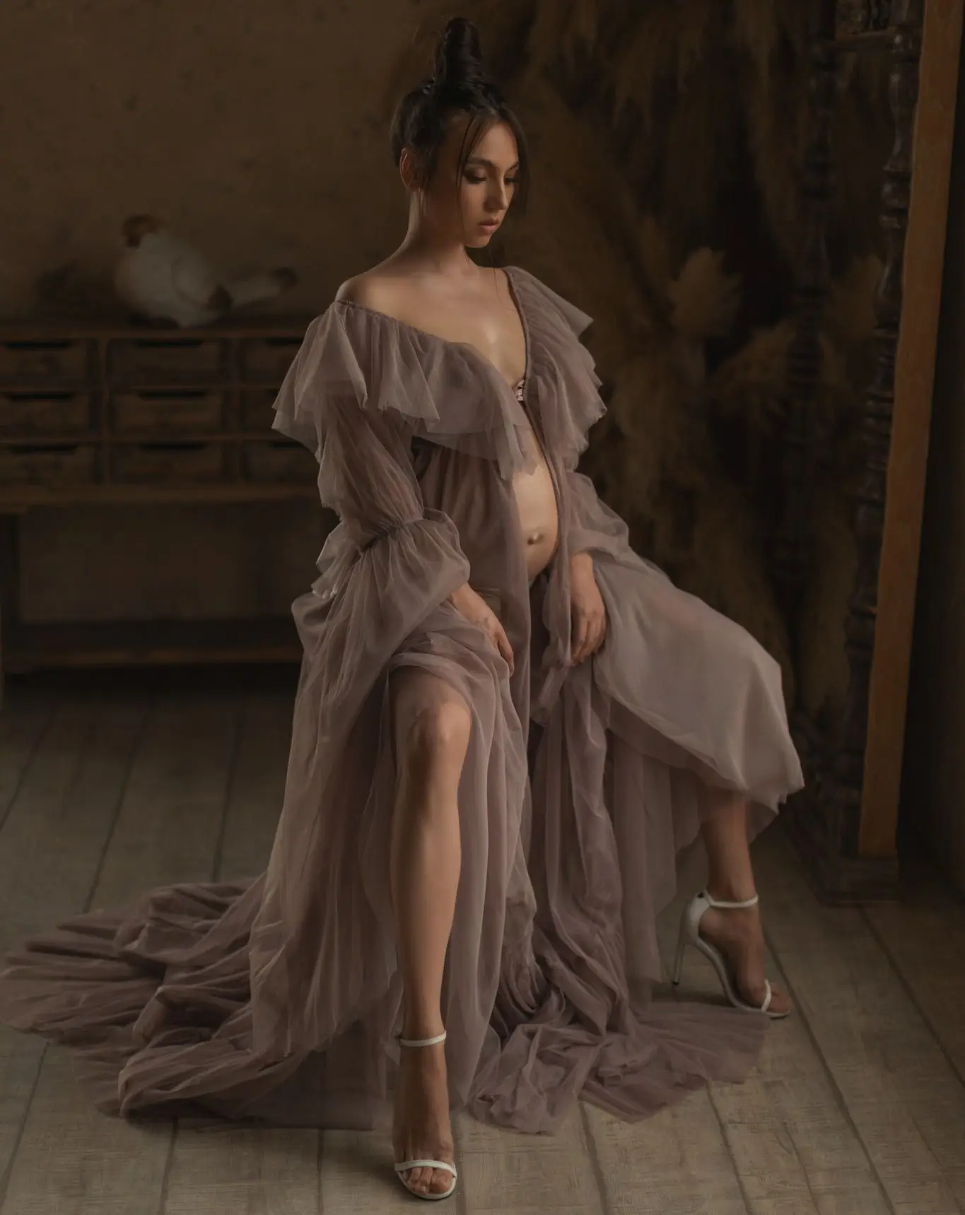 

Tulle Grey Maternity Dresses for Photography Custom Made Elegant Bridal Robe Pregnant Woman Babyshower Dress