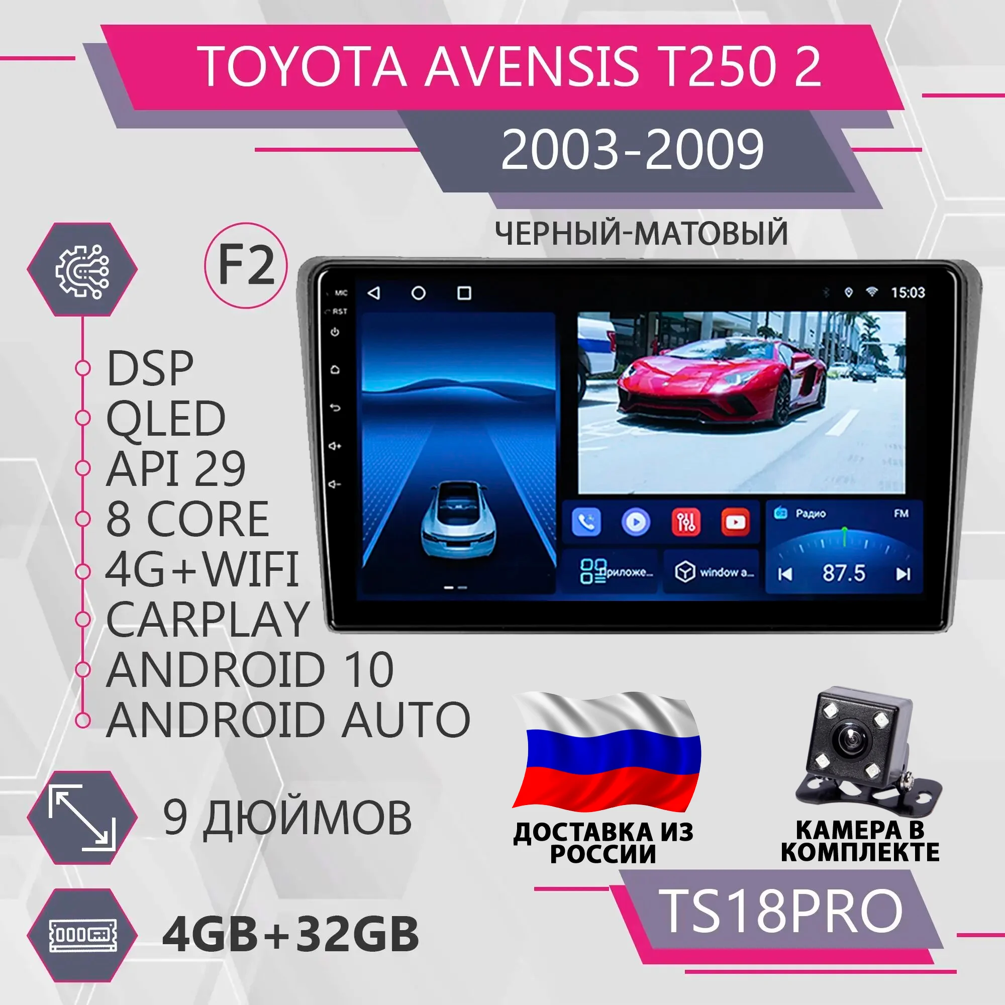 Штатная автомагнитола TS18Pro 4+32GB Toyota Avensis T250 2 / Тойота Авенсис Т250 2 / carplay 10 Головное устройство/ Мультимедиа