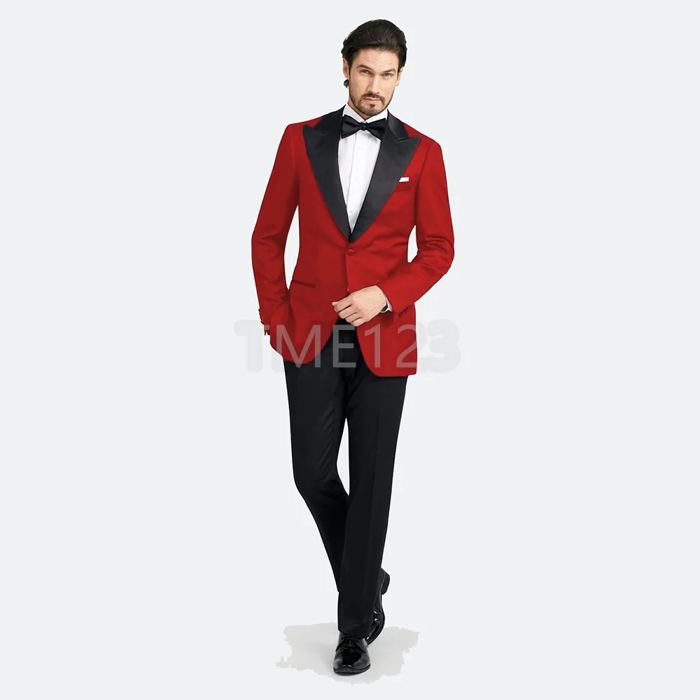 

Красные Свадебные Мужские Костюмы приталенные шаферы, Женихи мужской смокинг для жениха деловой двубортный черный блейзер с лацканами Брюки 2 шт.