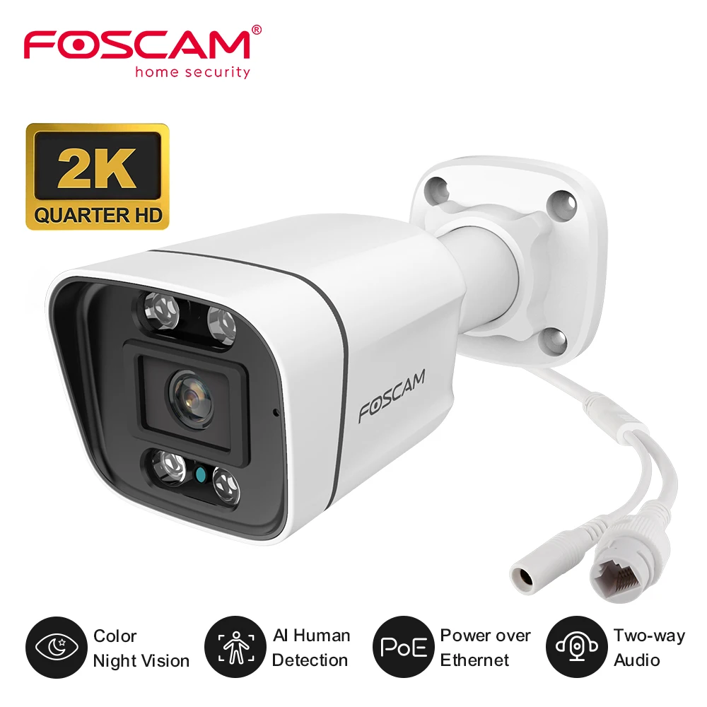 Foscam Smart 2K 4MP PoE Security Camera 6X Zoom 2-Way Audio IP Cam Human/Car Detection Sound and Light Alarm Surveillance Camera