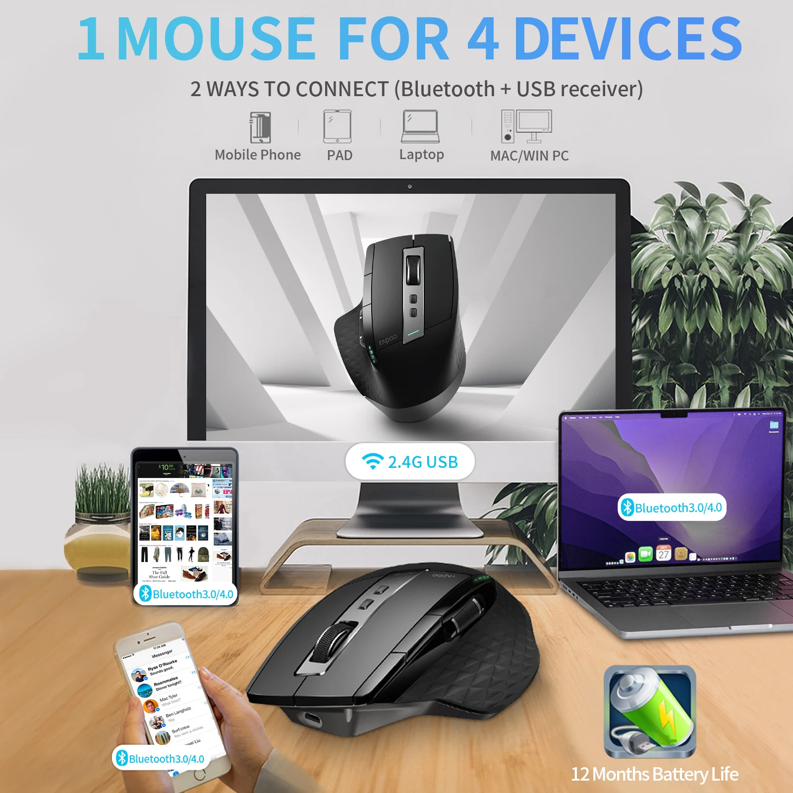 Rapoo MT750S/MT750L Multi-mode Rechargeable Wireless Mouse  3200DPI Ergonomic Bluetooth Mouse Computer Office Mice For Laptop PC