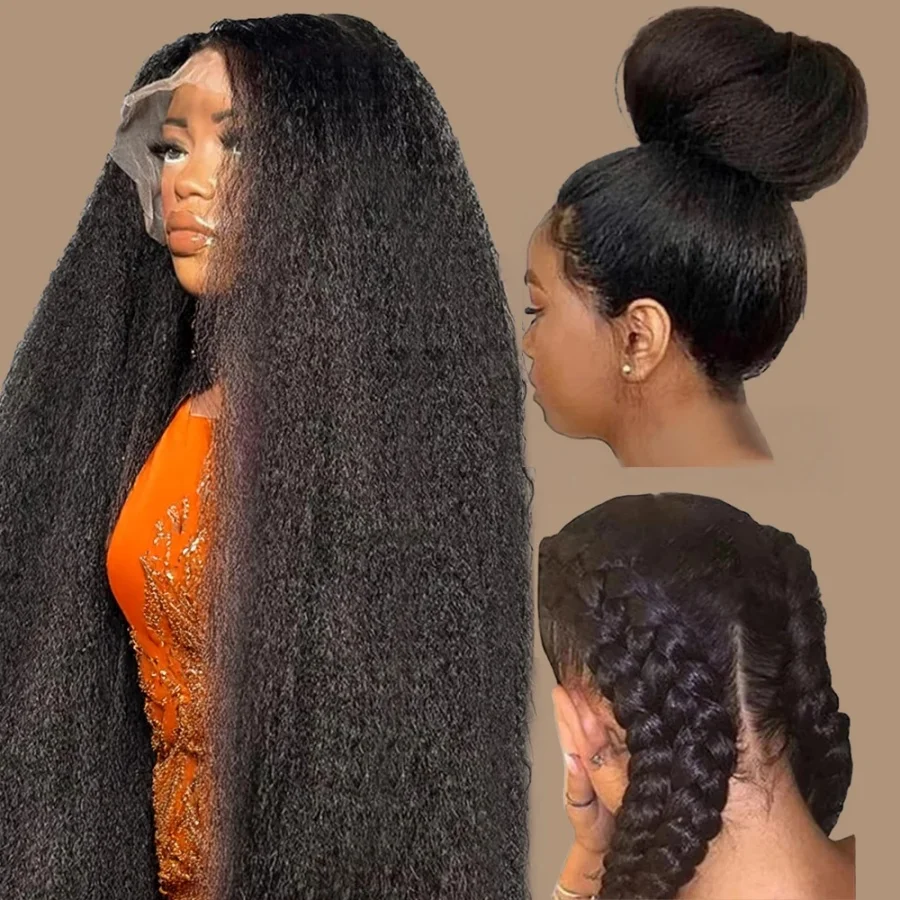 200% Kinky Straight 13x4 Transparent Lace Frontal Human Hair Wigs With Kinky Edges Baby Hair Yaki Straight Human Hair Wigs