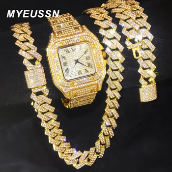 Relógio de corrente cubana de cor dourada para homens, hip hop miami curb, strass pavimentados, colar de rapper brilhante, relógio + pulseira joias 1