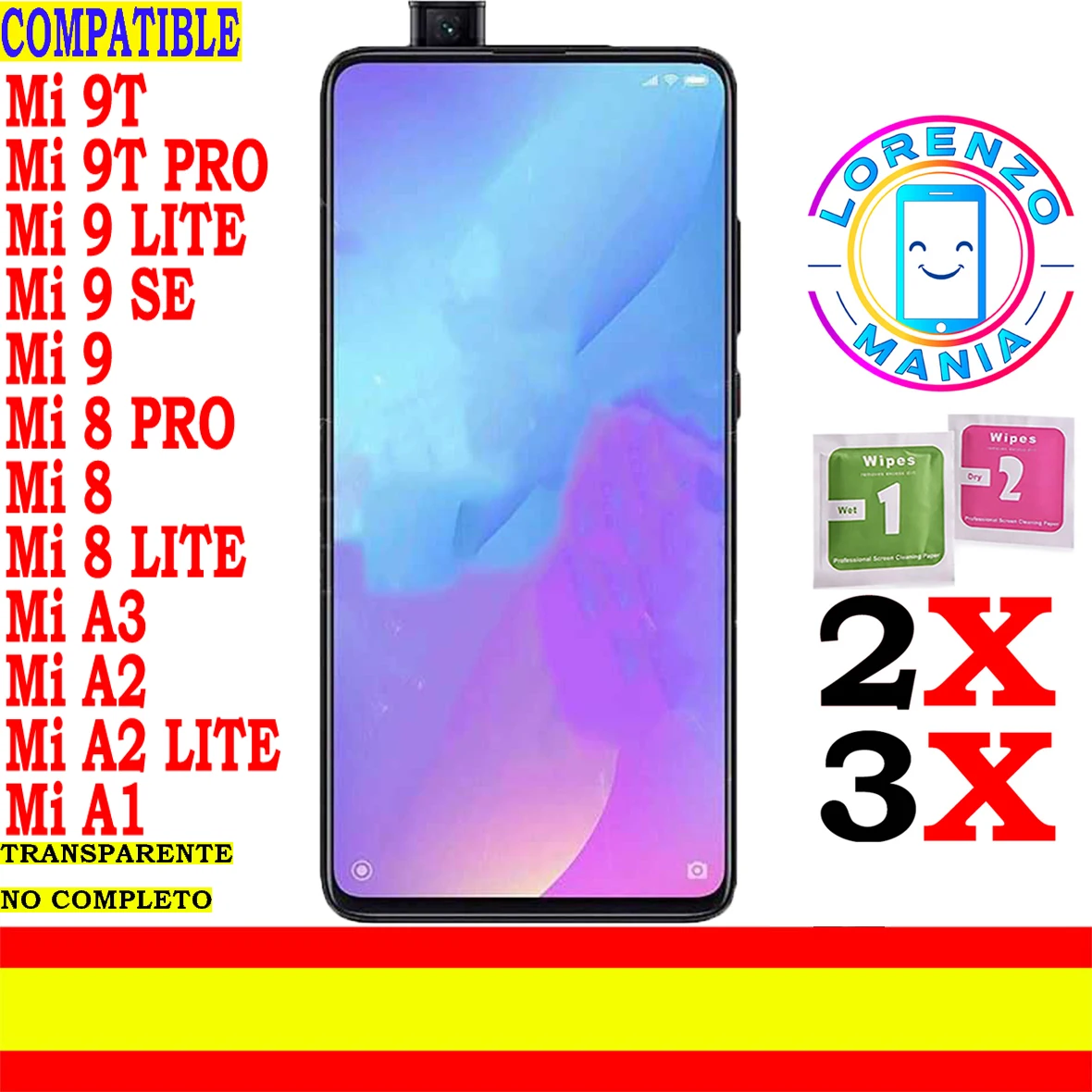 Pellicola Salvaschermo Generica Non Completamente Compatibile Xiaomi Mi 9T, Mi 9T Pro, Mi 9 Lite, Mi 9 Se, Mi 9, Mi 8 Pro, Mi 8, Mi 8 Lite, Mi A3, Mi 