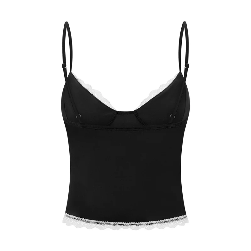 y2k Lace Trim Crop Top Women Summer Sexy V Neck Spaghetti Strap Sleeveless Tanks with Bow 2000s Clothing Streetwear