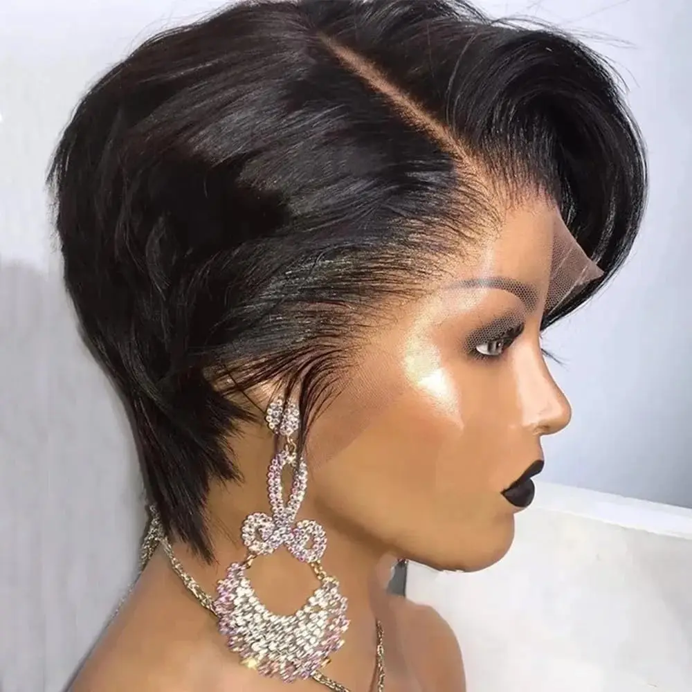 

Pixie Cut Wigs Human Hair 6 Inch Straight Bob Wig 13×4 Transparent HD Short Lace Front Wig With Pre Plucked Natural Hairline #1B