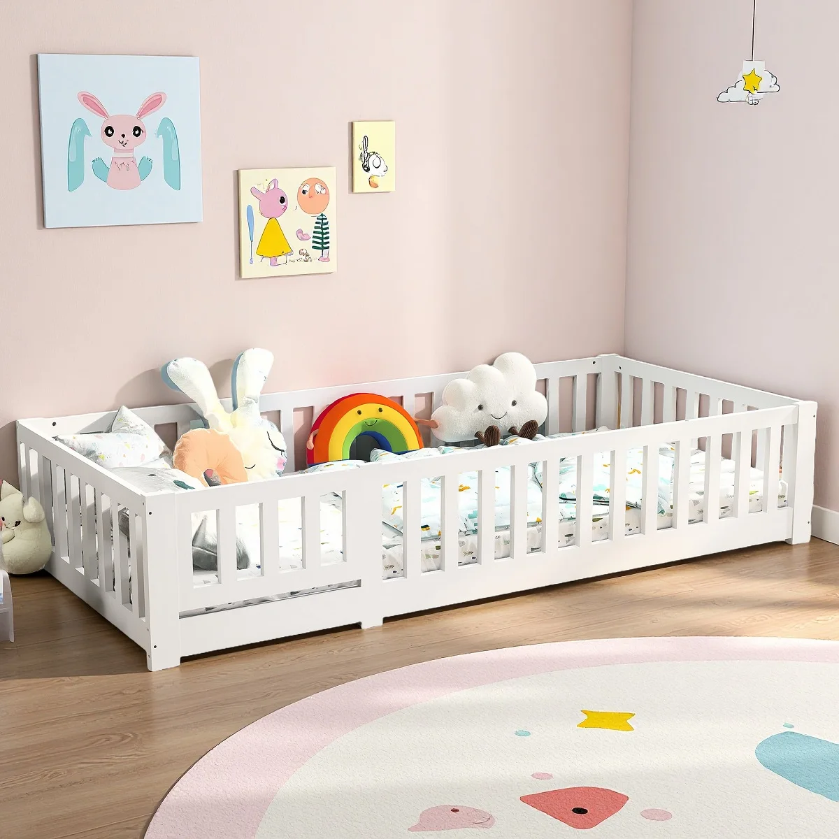 Lit enfant 90x200cm Lit Montessori avec protection contre les chocs et sommier à lattes, lit en bois pour garçons et filles, blanc, sans matelas