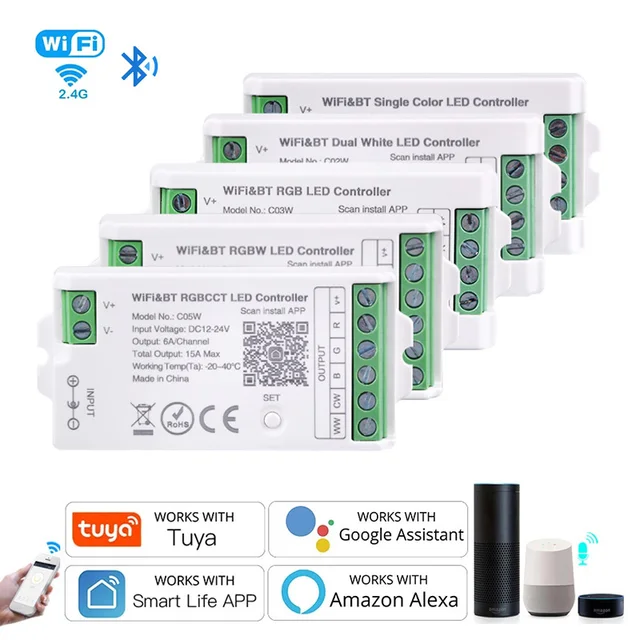 Tuya WiFi LED Controller Alexa Google Home Voice Control RGB RGBW CCT LED Strip Smart Controller APP BT RF ระยะไกล 2.4G DC12V-24V 1