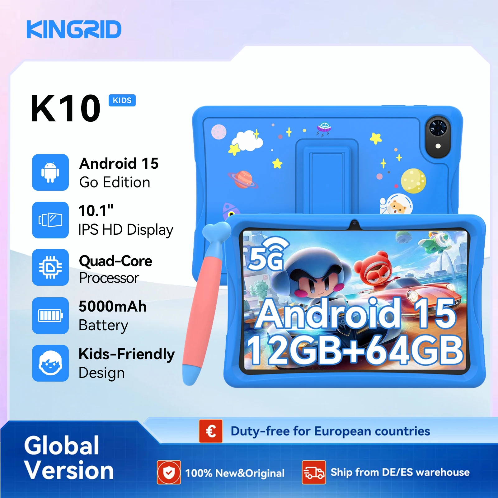 Tablette pour enfants KINGRID K10 10'' Android 15 4 Go de RAM + 8 Go extensibles 64 Go de ROM WiFi 5G Widevine L1 5000 mAh Tablette PC Android Contrôle parental 1