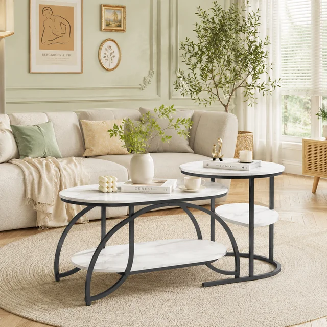 Lot de 2 Tables Basses Gigognes, Table de Salon Aspect Marbre, avec Espace de Rangement, Cadre en Métal, pour Canapé, Salon, Chambre, Doré + Blanc / Noir + Blanc / Argent + Blanc 1