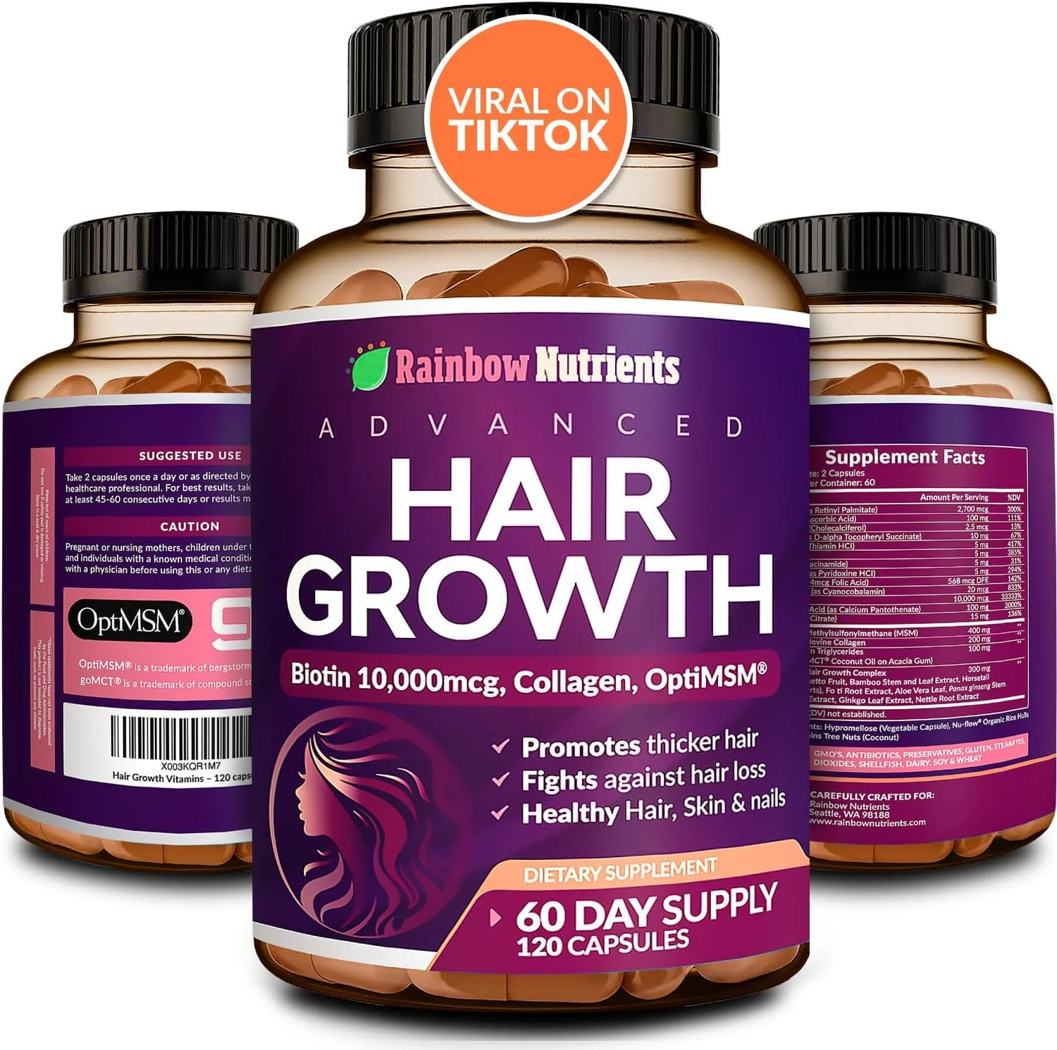 Vitamins for Hair Growth for Women, Biotin 10000Mcg, Collagen, Naturally Regenerates Stronger and Healthier Hair, Skin and Nails, Stops Hair Loss, 120 Capsules
