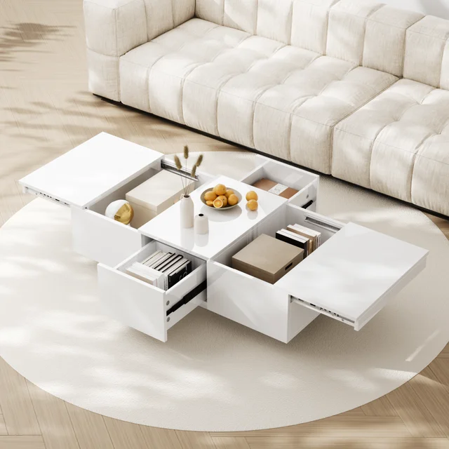Table basse Rosahqnda table de salon haute brillance avec structure de rangement push-pull tiroirs double face 1
