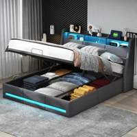 Каркас двуспальной кровати с обивкой 160x200 см, светодиодное освещение, зарядная станция, кровать для хранения с гидравлическим подъемником, без матраса, темно-серый