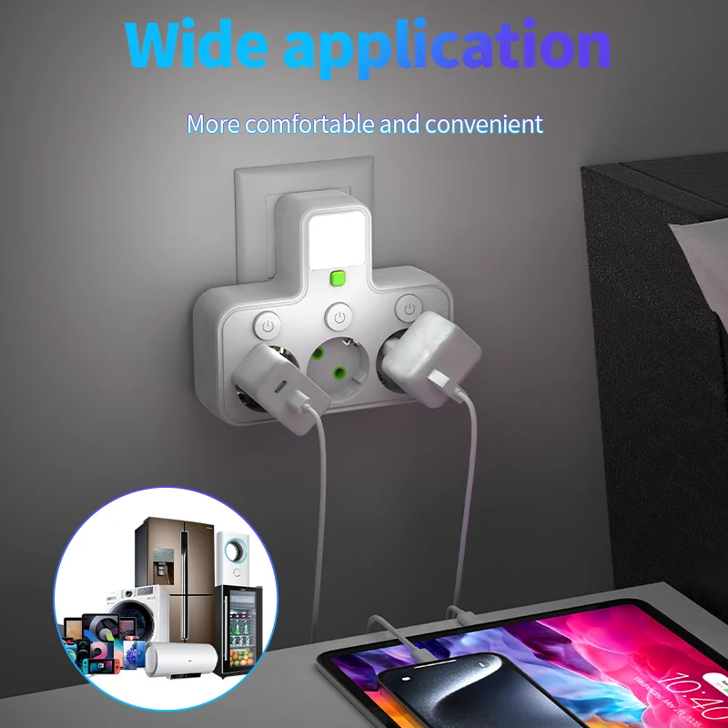 รูปสินค้า เต้ารับผนัง 4 ช่อง พอร์ต USB + Type-C ปลั๊ก EU สวิตช์ไฟ