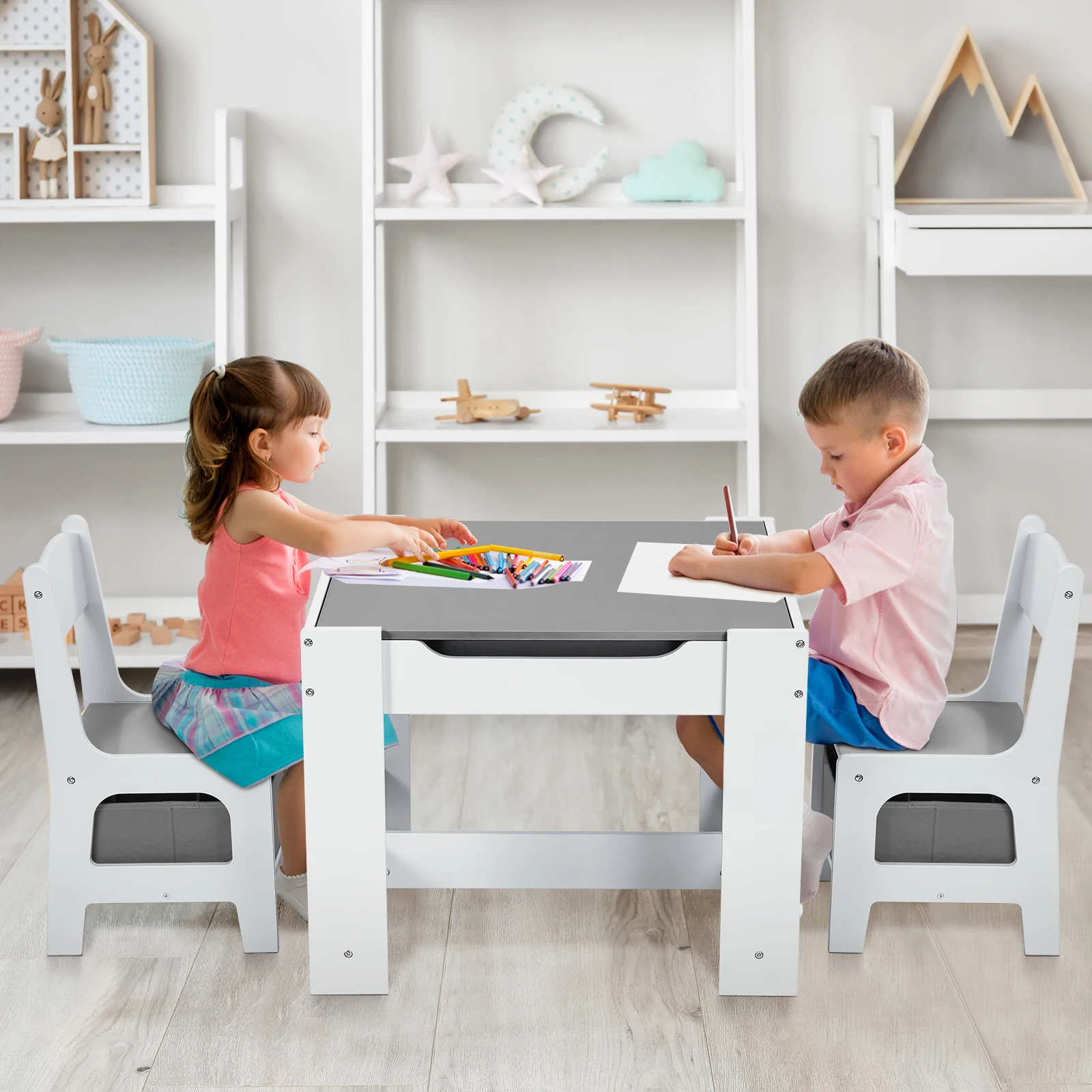 AOOU Kids Table and 2 Chairs Set, 3-in-1 Wooden Activity Table, w/Detachable Storage Drawer, Drawing Reading Black Board Desk 3