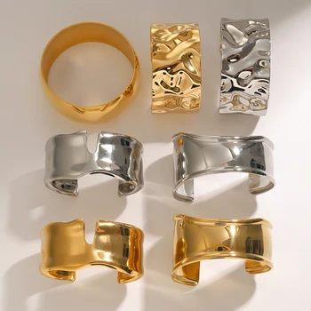 Women Wide Cuff Open 18K Gold PVD Plated Stainless Steel Bracelet