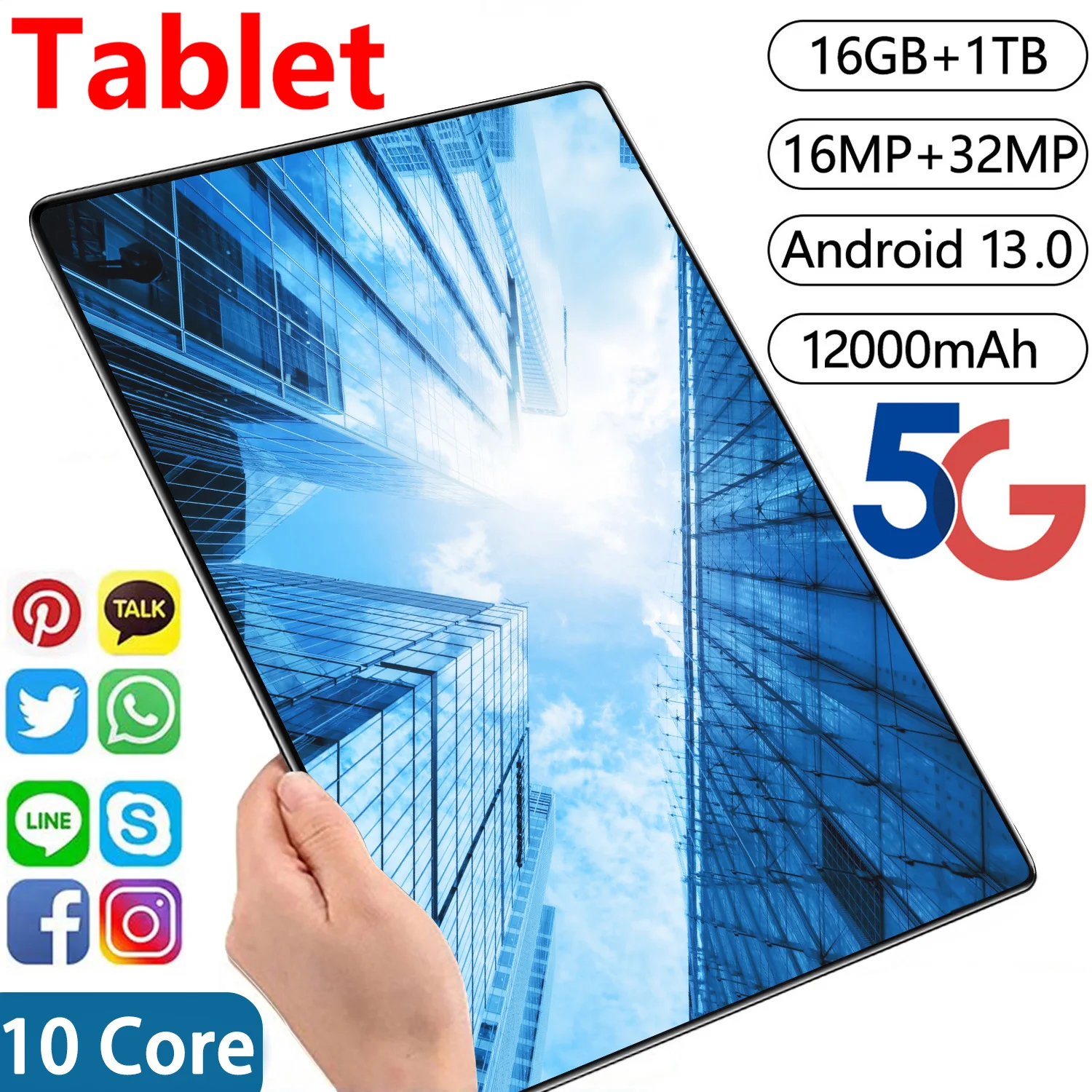 Tableta con red de 2024 pulgadas, Tablet con Android 11,6, 16GB de RAM, 1TB de ROM, 16MP, 32MP, 10 núcleos, 13,0 mAh, 4, 5G, Wifi, novedad de 12000