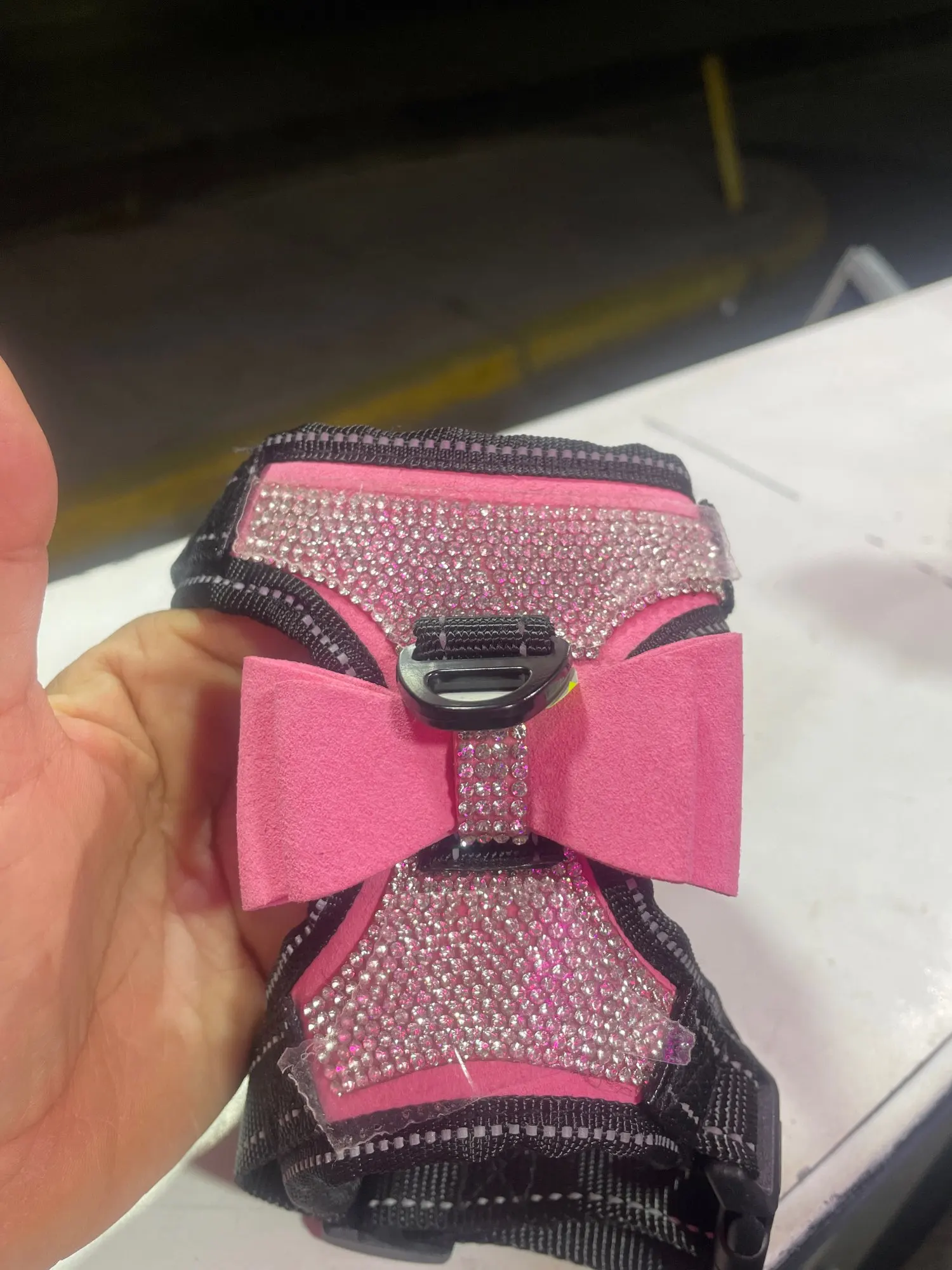 "Sparkle & Safety: Reflective Rhinestone Dog Harness with Bowknot photo review