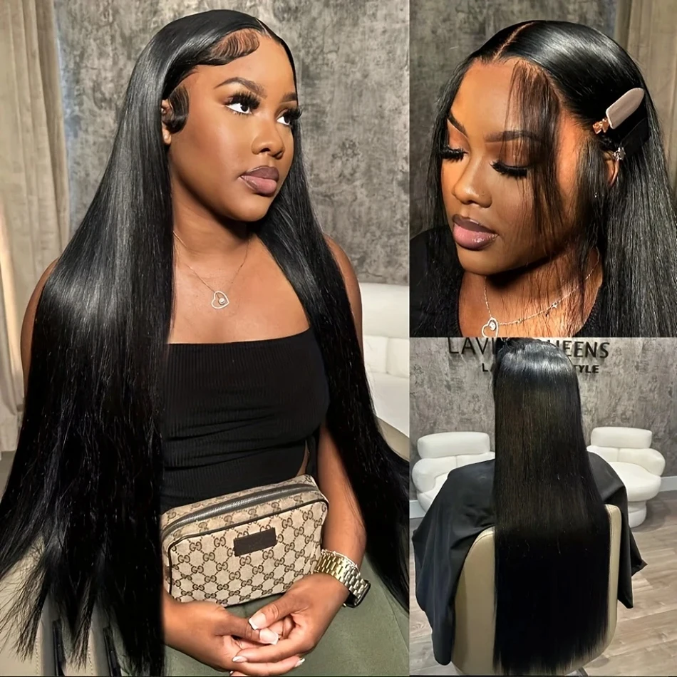 13x5 Bone Straight HD Lace Front Wig Pre Plucked 30 40 Inch 4x4 Lace Frontal Brazilian Human Hair Wigs For Women Natural Black 4